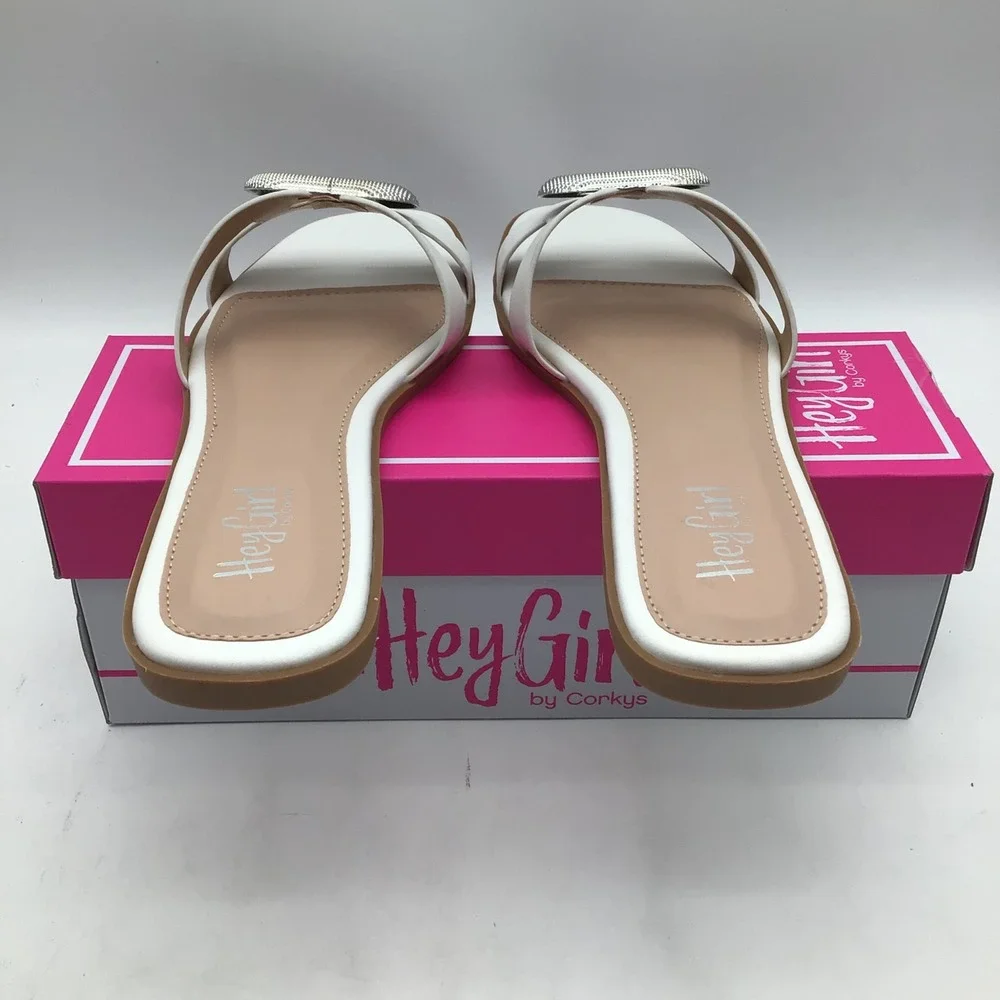 Hey Girl by Corkys Ring Around The Rosie White Slide Sandals Womens Size 9 NEW